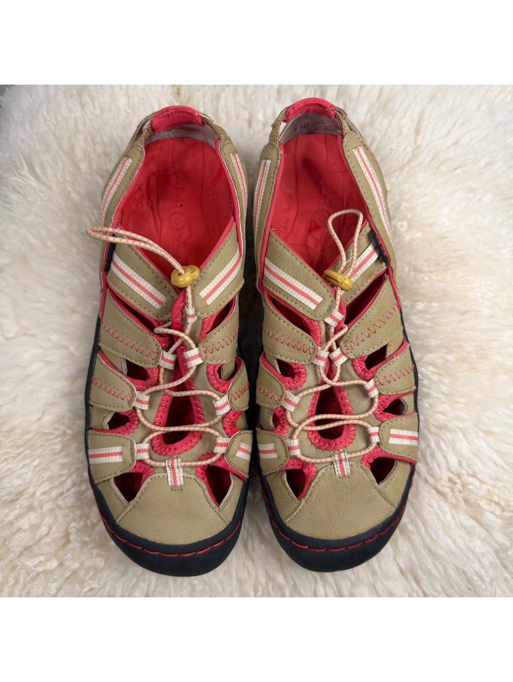 J-41 Womens 8.5 Water Sport Sandals Khaki Coral Bungee Hiking Outdoor Shoes